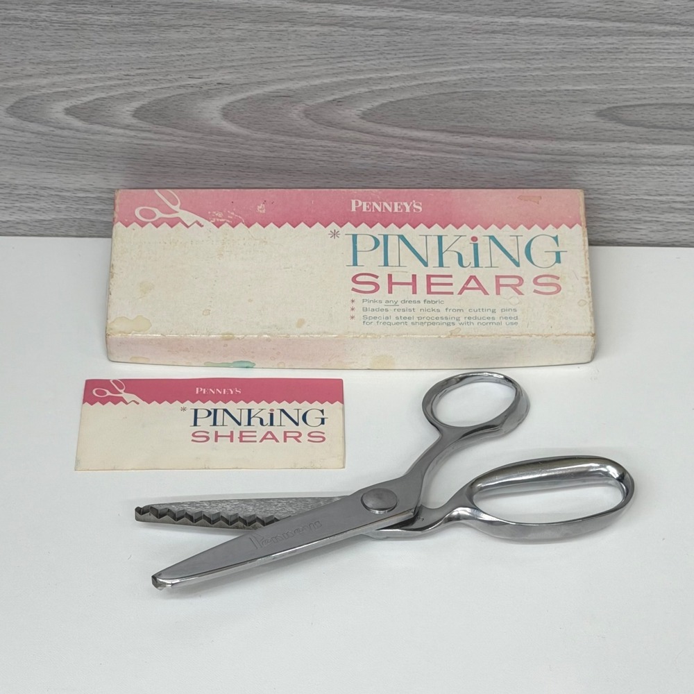 Penneys Pinking Shears Lot 309 Silver Tone Fabric Scissors w/ Box Vintage 1950s
